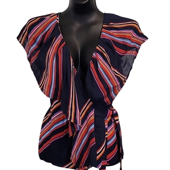 Tory Burch Adelia Top NWT Wrap Silhouette Allover Stripe Ruffle Blouse - Picture 6 of 9